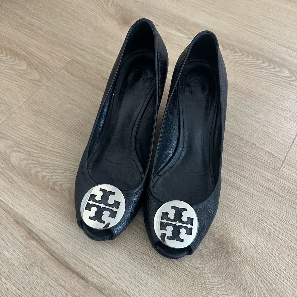 Tory Burch Black Peep Toe wedge heels